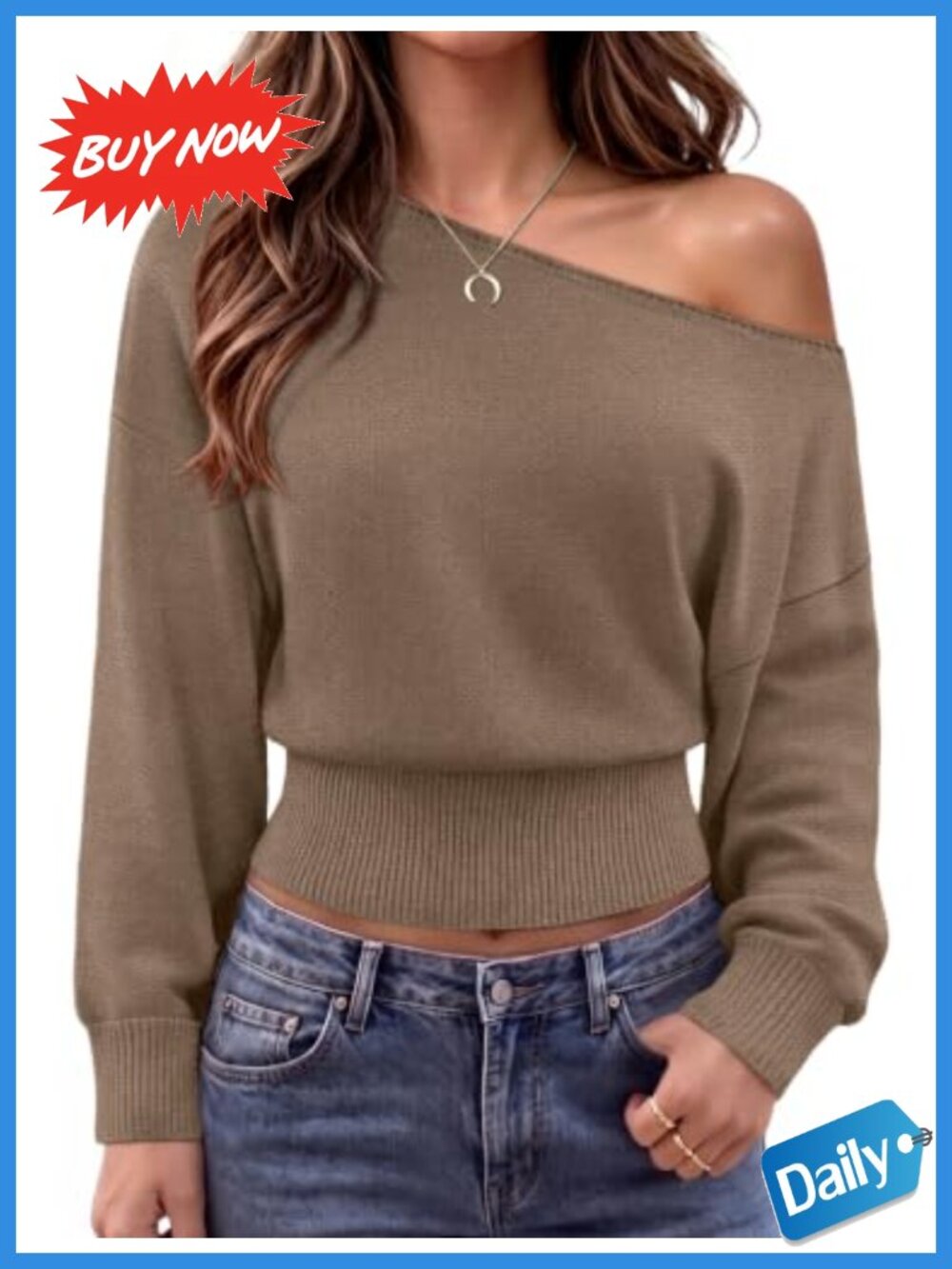 Off Shoulder Knit Pullover Sweater Cotton Ribbed Waist Long Sleeve
